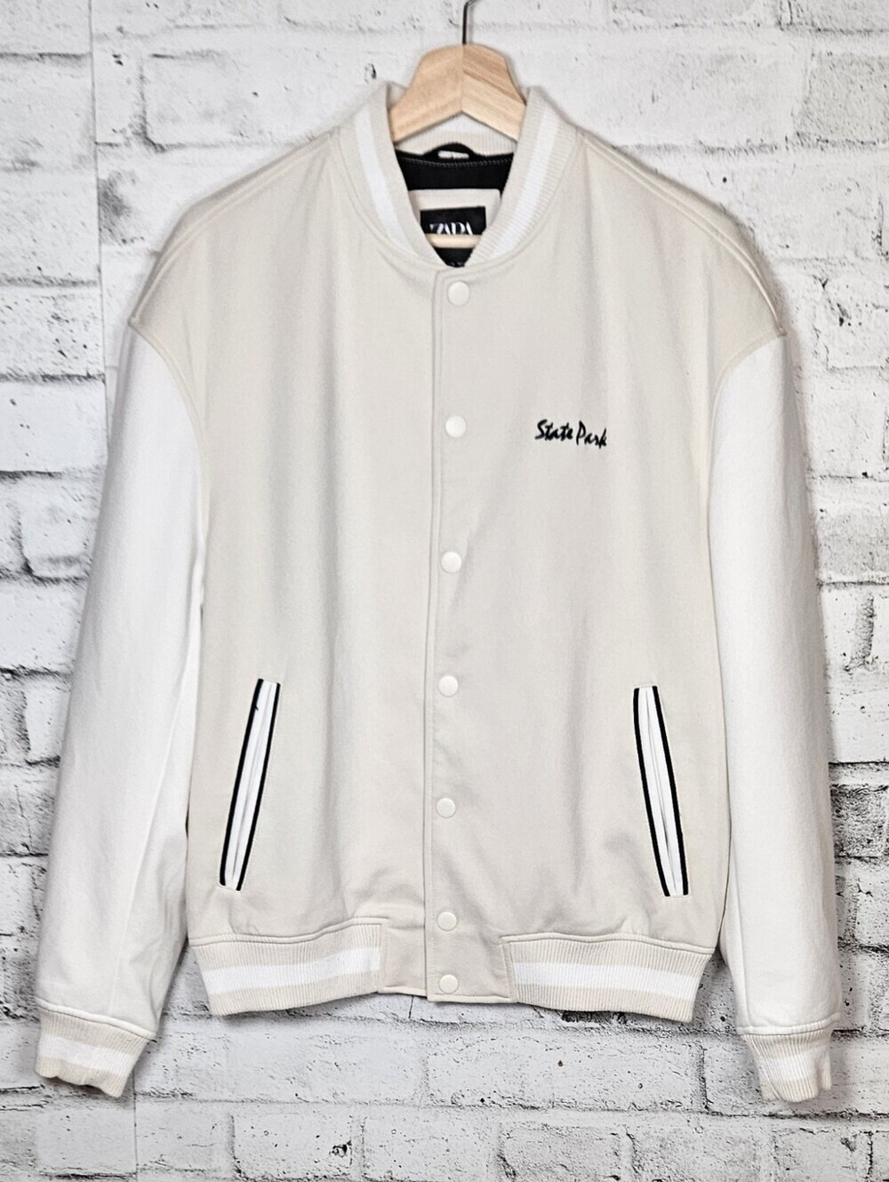 Zara State Park Varsity Bomber Jacket Cream Snap Front Embroidered Medium